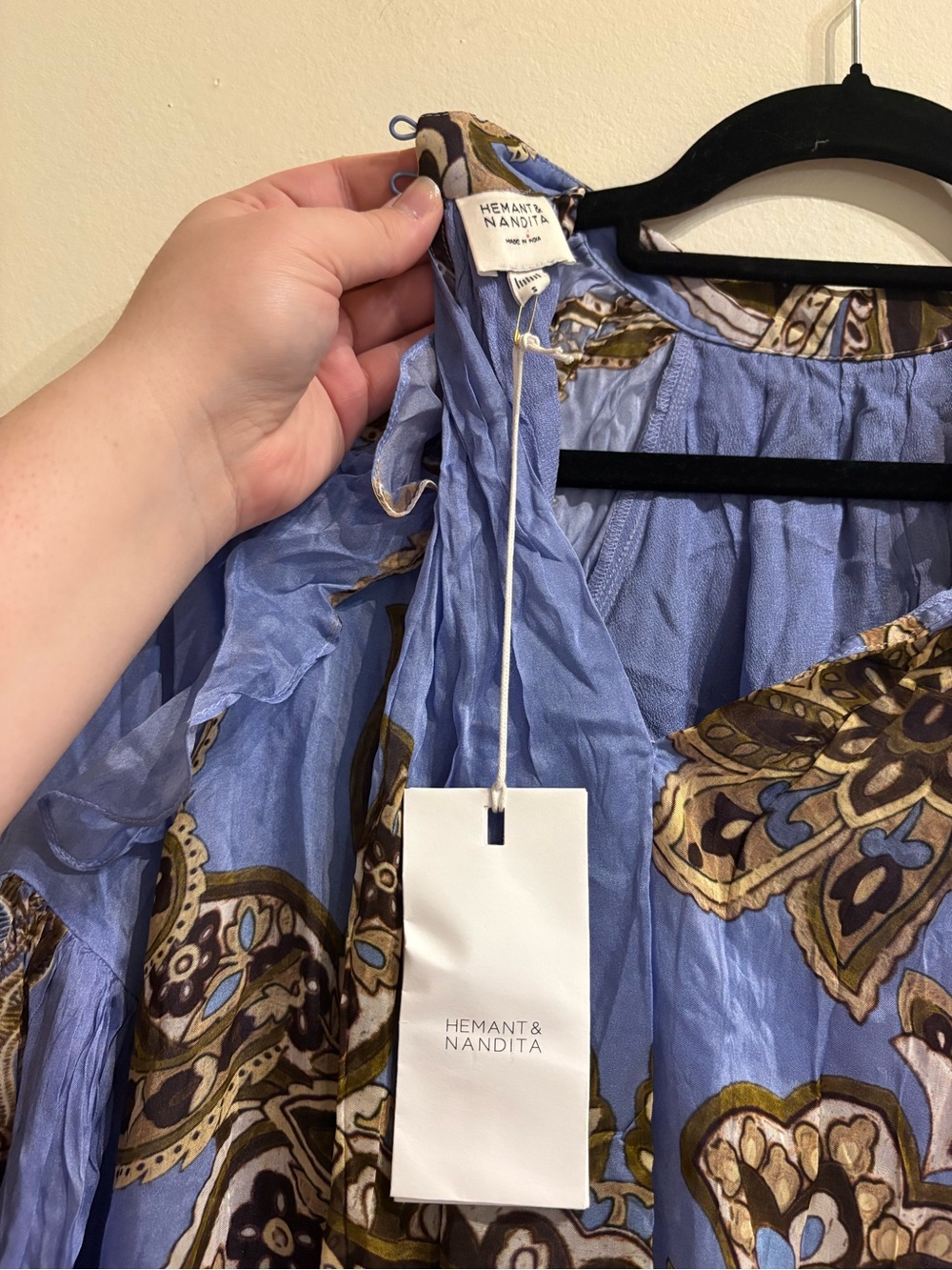Hemant & Nandita Saya Ruffle Short Mini Dress Blue Paisley NWT Size Small - Picture 10 of 13